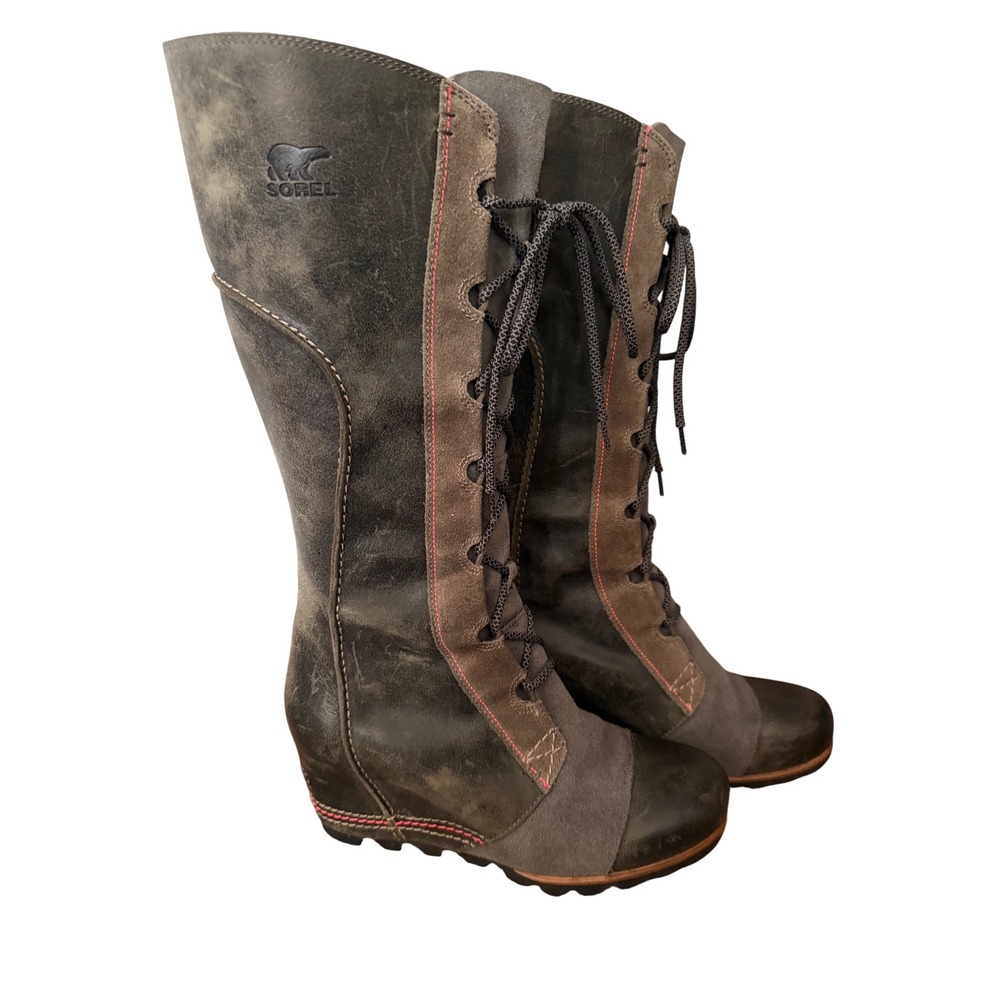 Sorel Cate The Great Tall Wedge Boot Women 9.5 Leather Lace Up